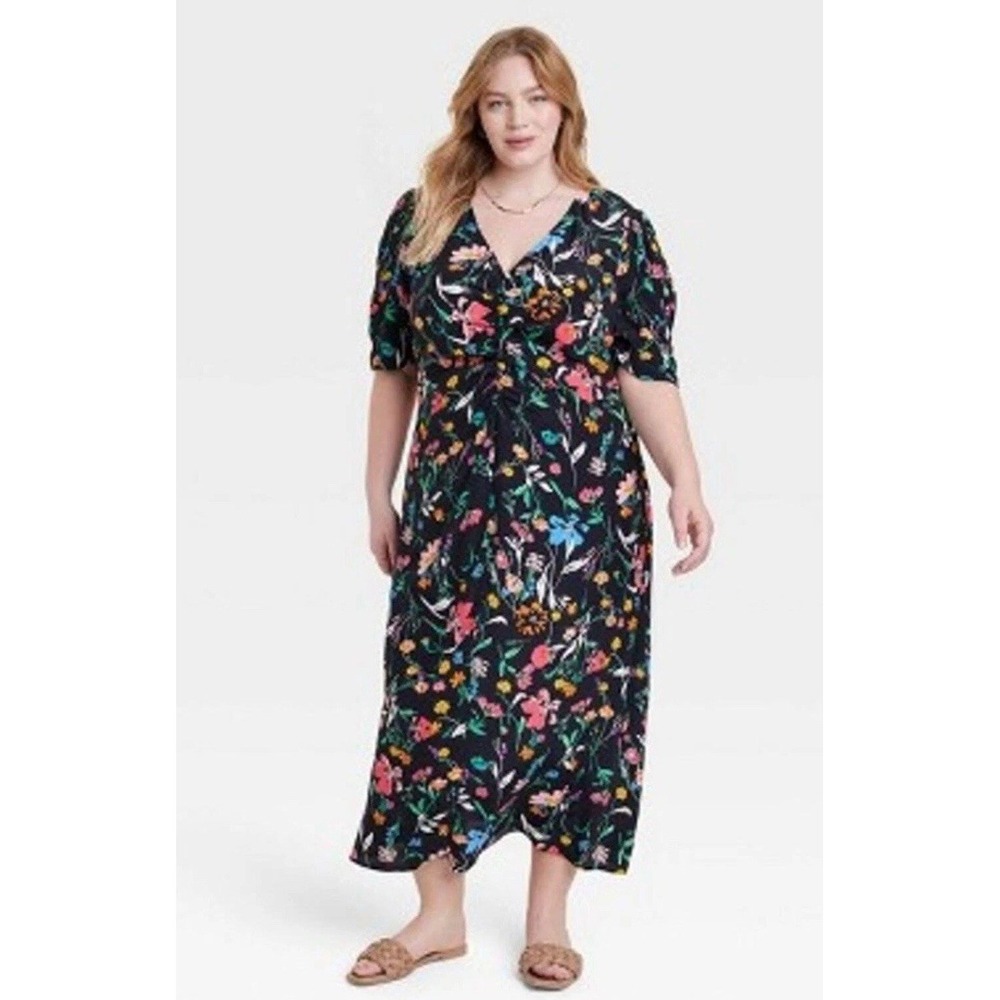 A New Day Women's Puff Short Sleeve A-Line Dress Black Floral Size 2XL Plus